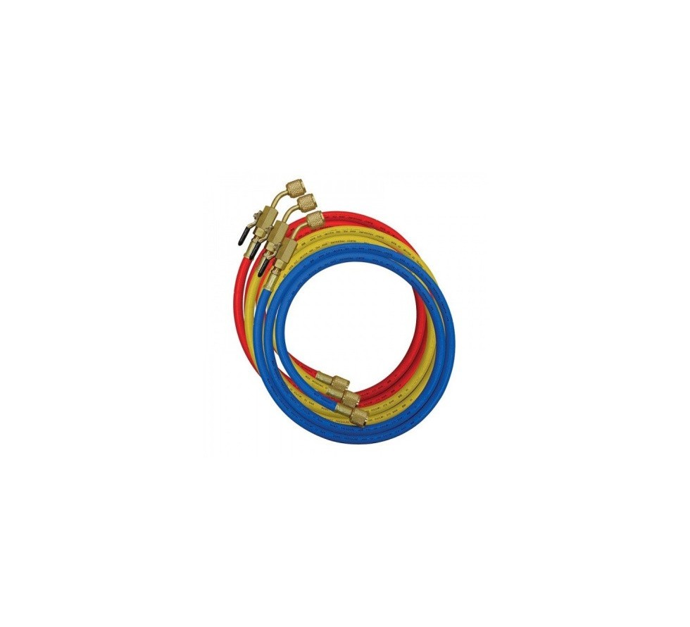 R32/R410A Hose Set, 3 x 180 cm, with Valves, 1/4" x 5/16", 56 bar