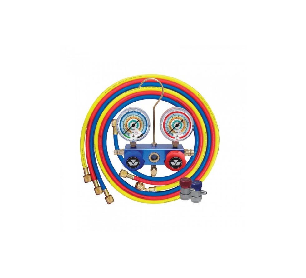 2-way manifold 80 mm for R134a, R404A, R407C, R22, R507A with 180 cm hoses and quick couplings in a case